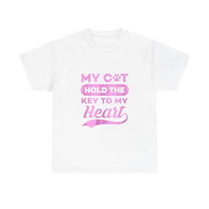 Camiseta para amantes de los gatos: camiseta rosa con el gráfico "Mi gato tiene la llave de mi corazón" 